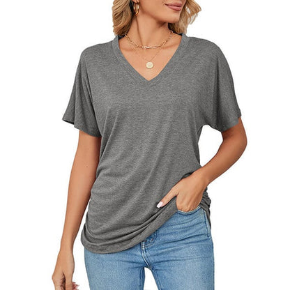 V-Neck Solid Color Loose Ladies Tops