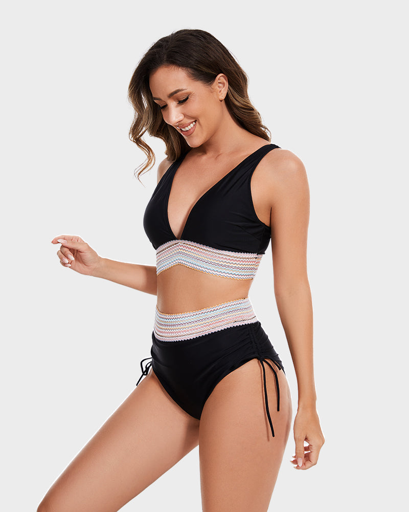 2025 High Waisted Tummy Control Color Block Bikini Sets