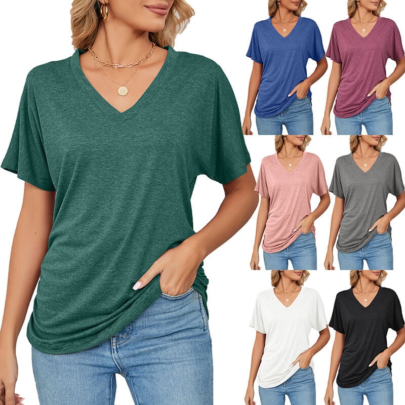 V-Neck Solid Color Loose Ladies Tops