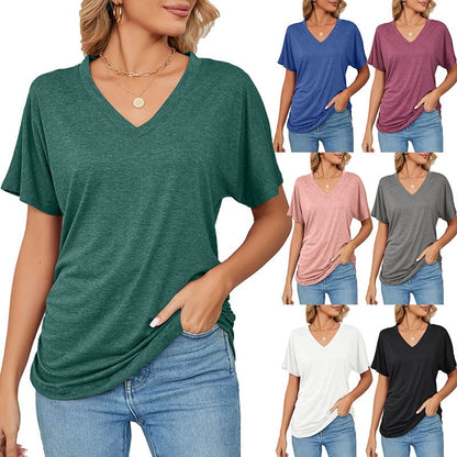 V-Neck Solid Color Loose Ladies Tops