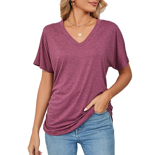 V-Neck Solid Color Loose Ladies Tops