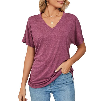 V-Neck Solid Color Loose Ladies Tops