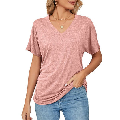 V-Neck Solid Color Loose Ladies Tops