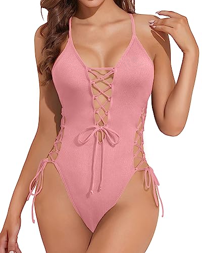 Women Sexy Lace Up One Piece Swimsuit