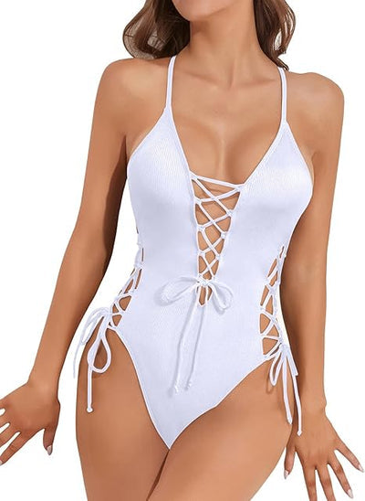 Women Sexy Lace Up One Piece Swimsuit
