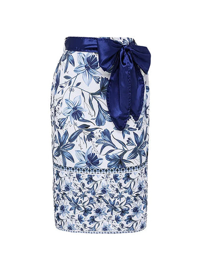 V Neck Lace Up Printed One Piece Swimsuit and Skirt