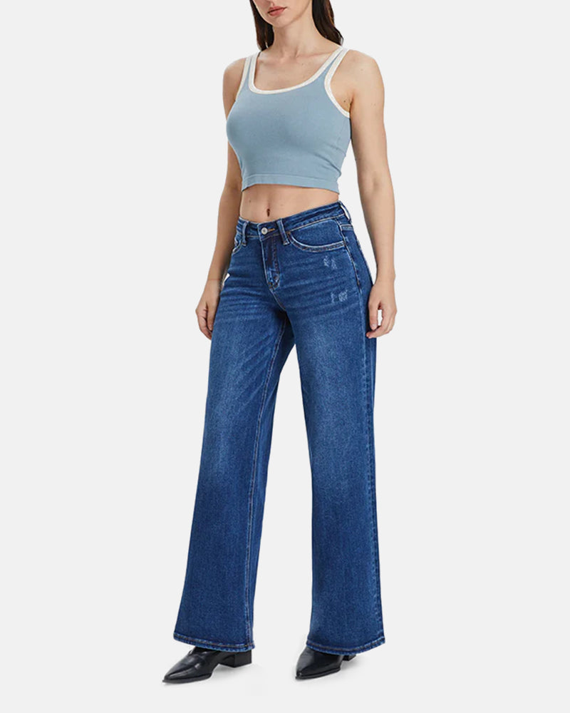 Women's Mid-Low Rise Baggy Jeans – Stretchy Wide Leg