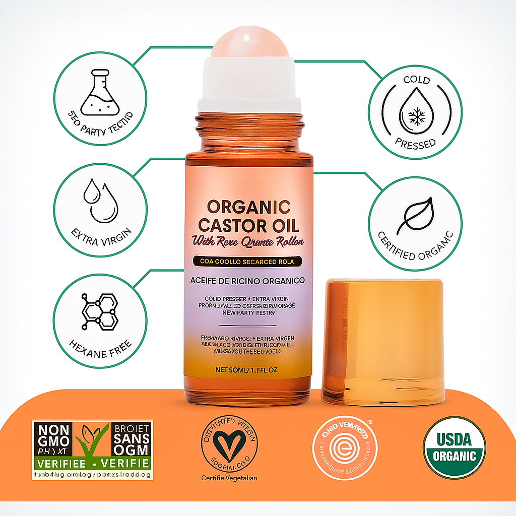 Organic Castor Oil With Rose Quartz Roller
