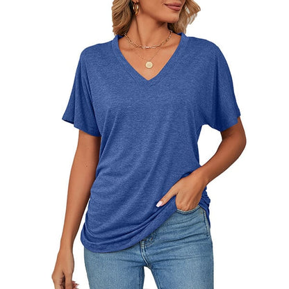V-Neck Solid Color Loose Ladies Tops